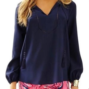 Lilly Pulitzer Navy Saria Top Blouse with Tassels Size Large
